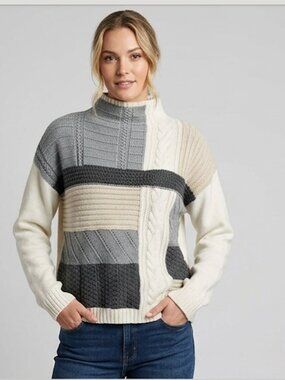 Chaps Women's Mixed-Knit Colorblock Patchwork Mock Neck Sweater - Gray/Cream